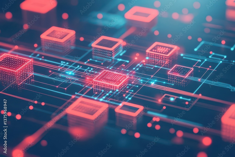 Poster Abstract circuit board illustration with red and blue lights creating a high-tech background for technology themes