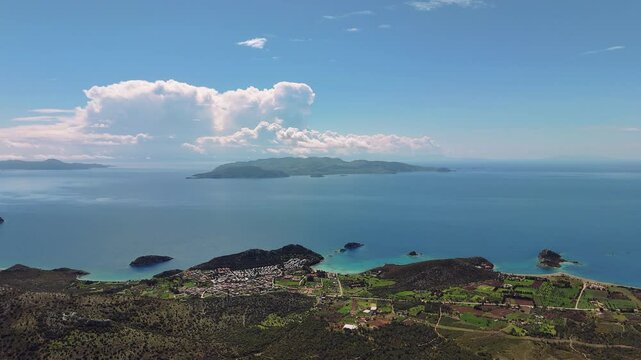 Aerial View of Houses, Fields and Mountains Illuminating a Peaceful Countryside Landscape. Datca, Mugla, Turkey