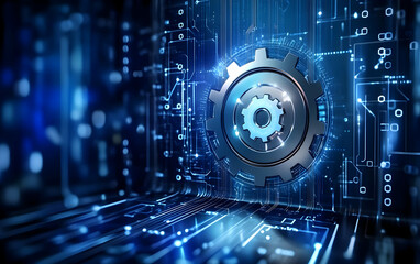Obraz premium A futuristic gear symbolizing technology and innovation amidst a digital backdrop, representing advancements in automation and machinery.