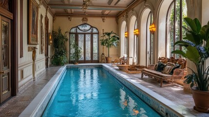 Indoor swimming pool inside a spacious and elegant luxurious residence