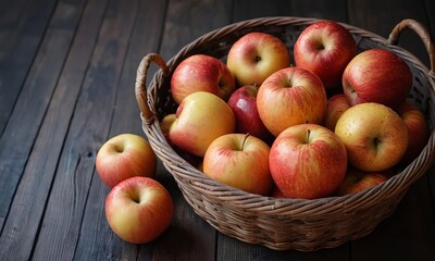 Rustic charm apples in woven basket against dark wood backdrop still life