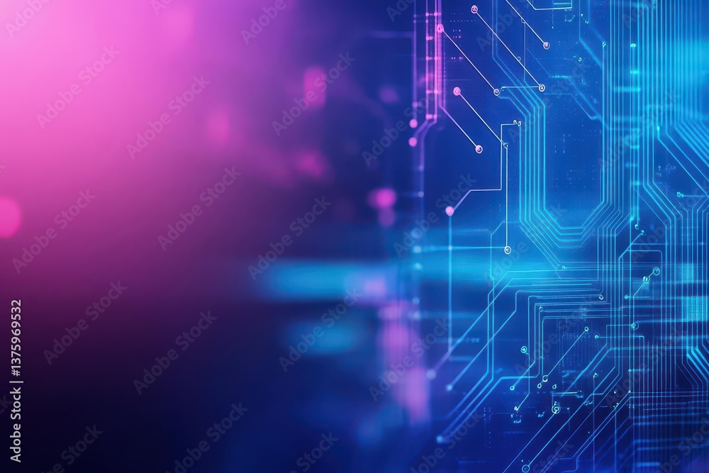 Poster detailed circuit board with a blue and pink background showcasing technological features and modern 