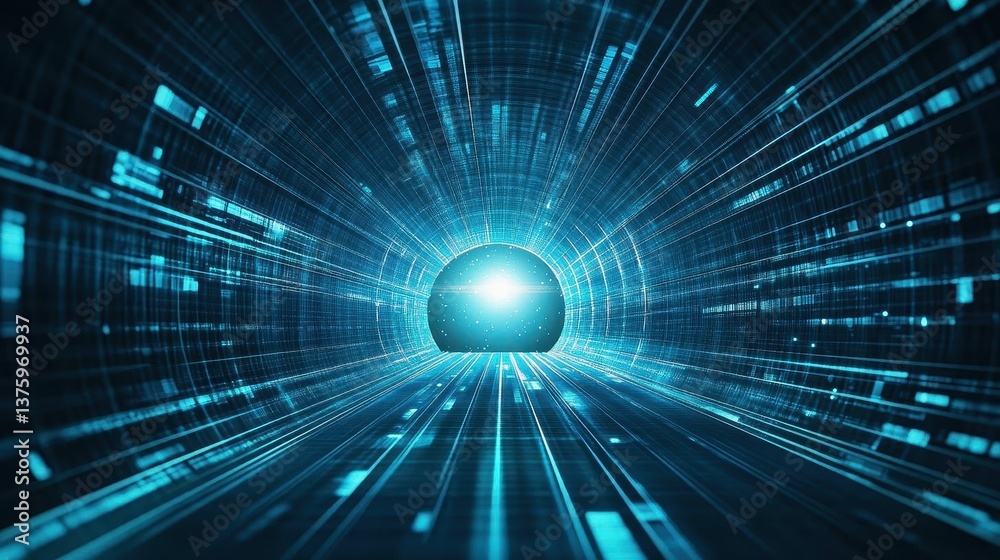 Poster A stunning blue tunnel with bright light emanating from the end creating a sense of depth and intrigue in a visual journey