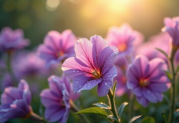 Fototapeta premium vibrant purple blossoms glistening morning dew nature flower garden spring freshness, petal, flora, bloom, pollination, scene, landscape, brightness, color