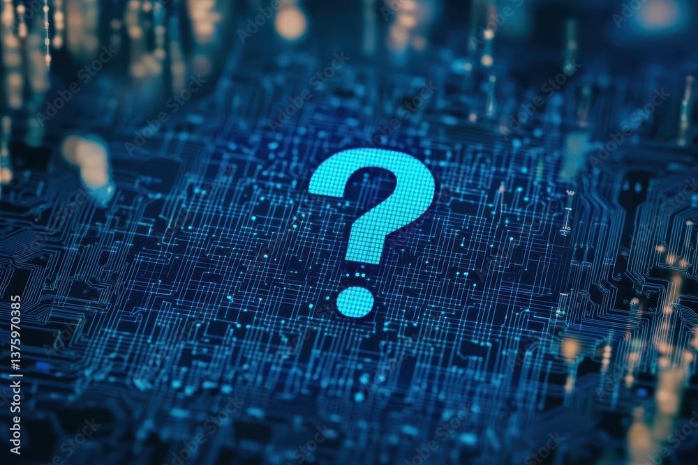 Aufkleber Vibrant blue question mark on a high-tech circuit board symbolizing inquiry and technology in digital world