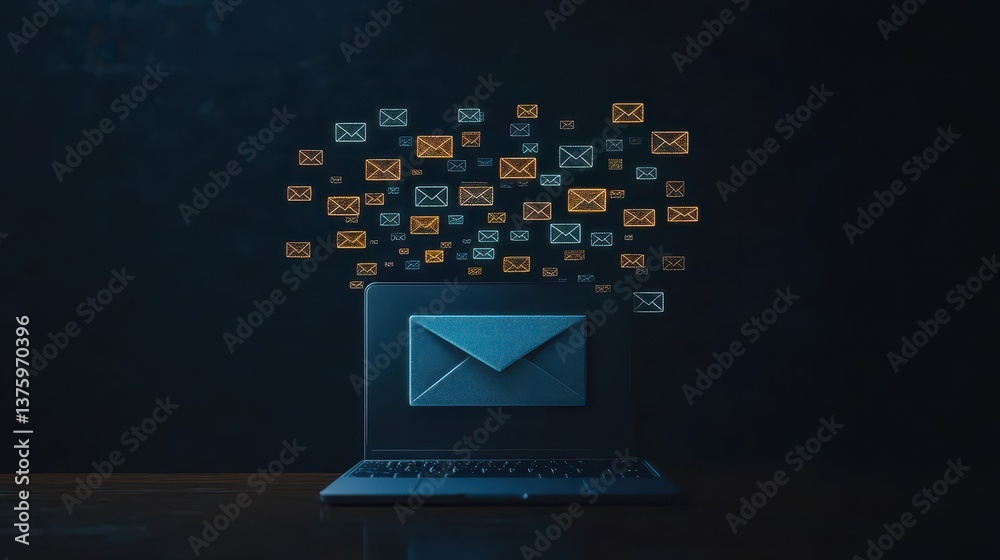 Leinwandbilder Laptop displaying email icons floating above signifying digital communication in a modern work environment
