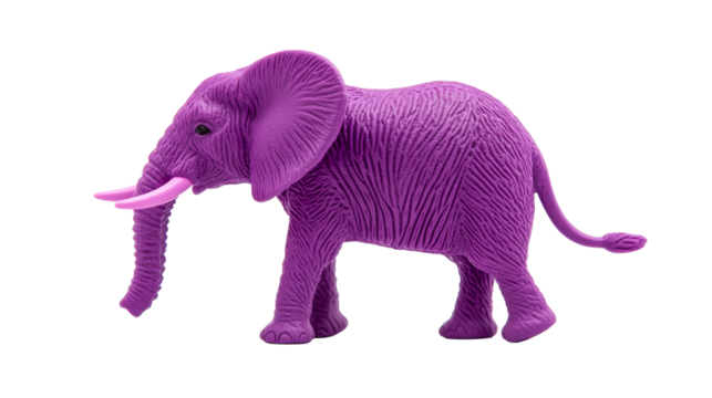 Toy purple elephant with tusks on a black background, cut out transparent