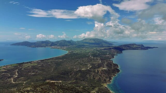 Wind Turbines Generating Clean Energy on Datca Peninsula, Mugla, Turkey, Under a Cloudy Sky