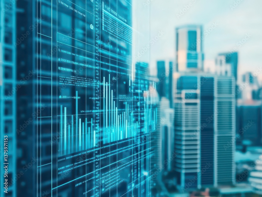 Poster A cityscape featuring a blueprinted image overlaying the modern urban landscape highlighting architectural elements