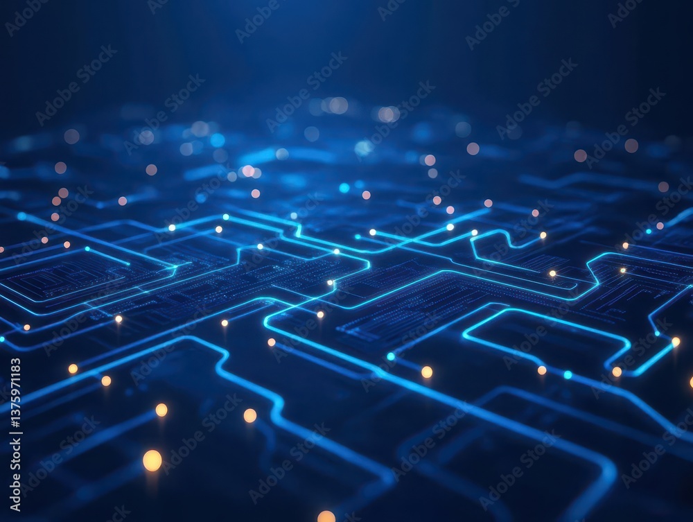 Poster A circuit featuring glowing blue lights illustrating advanced technology and dynamic electrical pathways