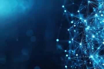 Blue background with a dense network of interconnected lines representing advanced connectivity and digital communication