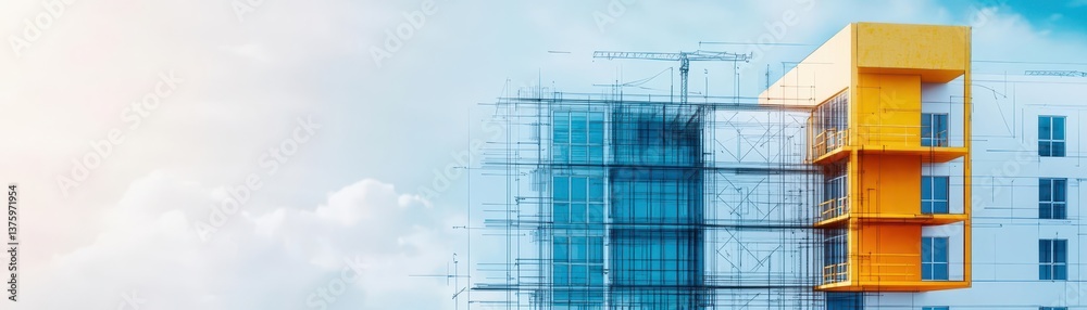 Poster modern building with clean lines against a bright blue sky creating a striking architectural contras