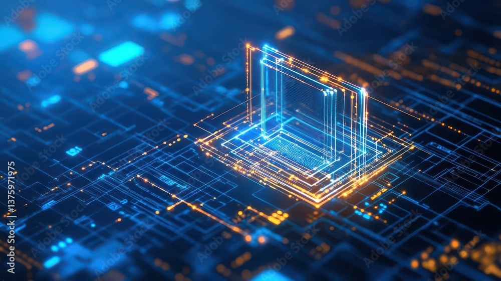 Poster Blue and yellow cube resting on a circuit board representing technology and innovation in modern electronics