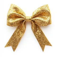 Sparkling Gold Ribbon Bow on White Background Perfect for Festive Decor