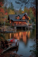 Fototapeta premium The peaceful charm of dusk at Upper Saranac Lake fosters a calming environment.