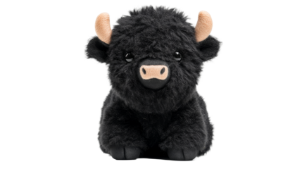 Adorable highland cow plush toy, cute black buffalo, cut out transparent
