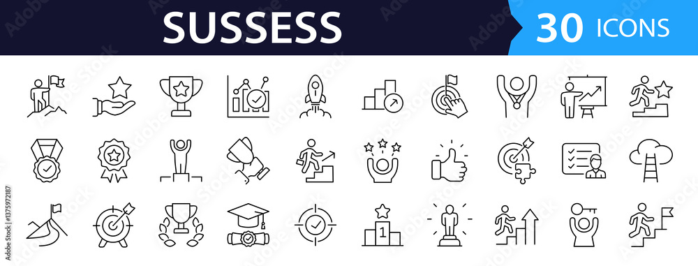 Poster Success set of web icons in line style. Successful business development linear icon collection. Containing achievement, successful, strategy, winner, teamwork, goal, brainstorm. Editable stroke