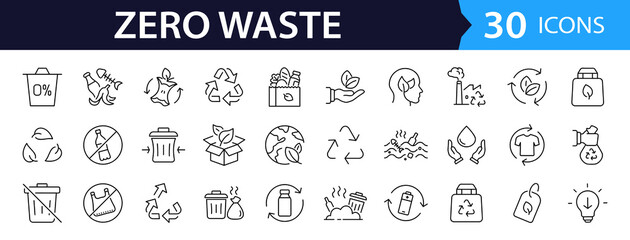 Zero Waste set of web icons in line style. A collection of eco linear icons, including recycling, waste management, composting, trash, pollution, landfill, composting, waste sorting. Editable stroke