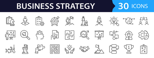 Business strategy set of web icons in line style. A collection of linear icon representing key business concepts, including market analysis, strategy, leadership, innovation, planning. Editable stroke