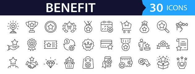 Benefit set of web icons in line style. Exclusive benefits linear icon collection. Containing reward, bonus, loyalty, star, winner, award, prize, incentive, reward  and more. Editable stroke