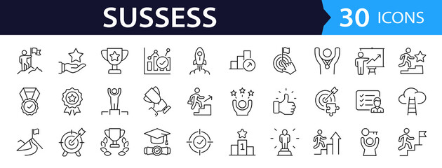 Success set of web icons in line style. Successful business development linear icon collection. Containing achievement, successful, strategy, winner, teamwork, goal, brainstorm. Editable stroke