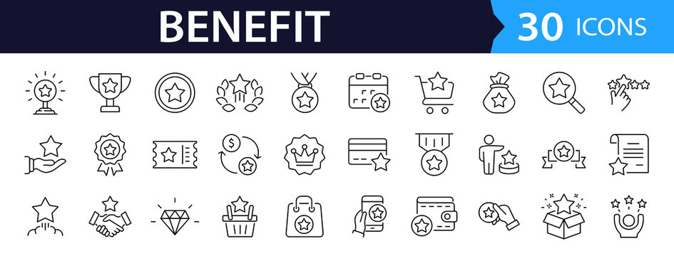 Benefit set of web icons in line style. Exclusive benefits linear icon collection. Containing reward, bonus, loyalty, star, winner, award, prize, incentive, reward  and more. Editable stroke