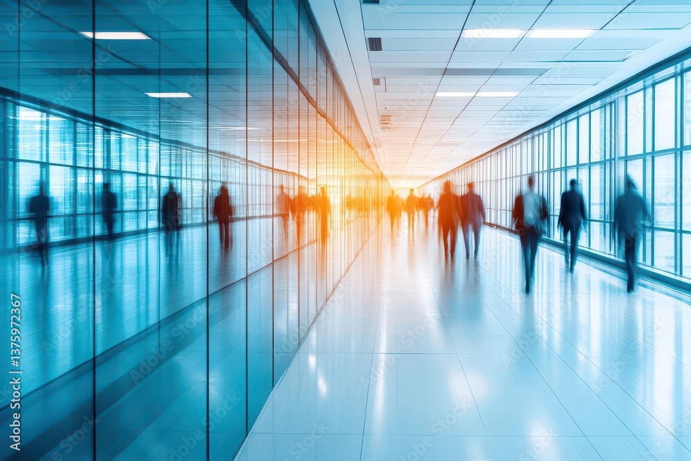 Poster People walking in a busy hallway signifying movement and interaction in an active workplace or public space
