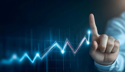 A hand pointing at a fluctuating graph, symbolizing progress, growth, and investment analysis in a digital environment.