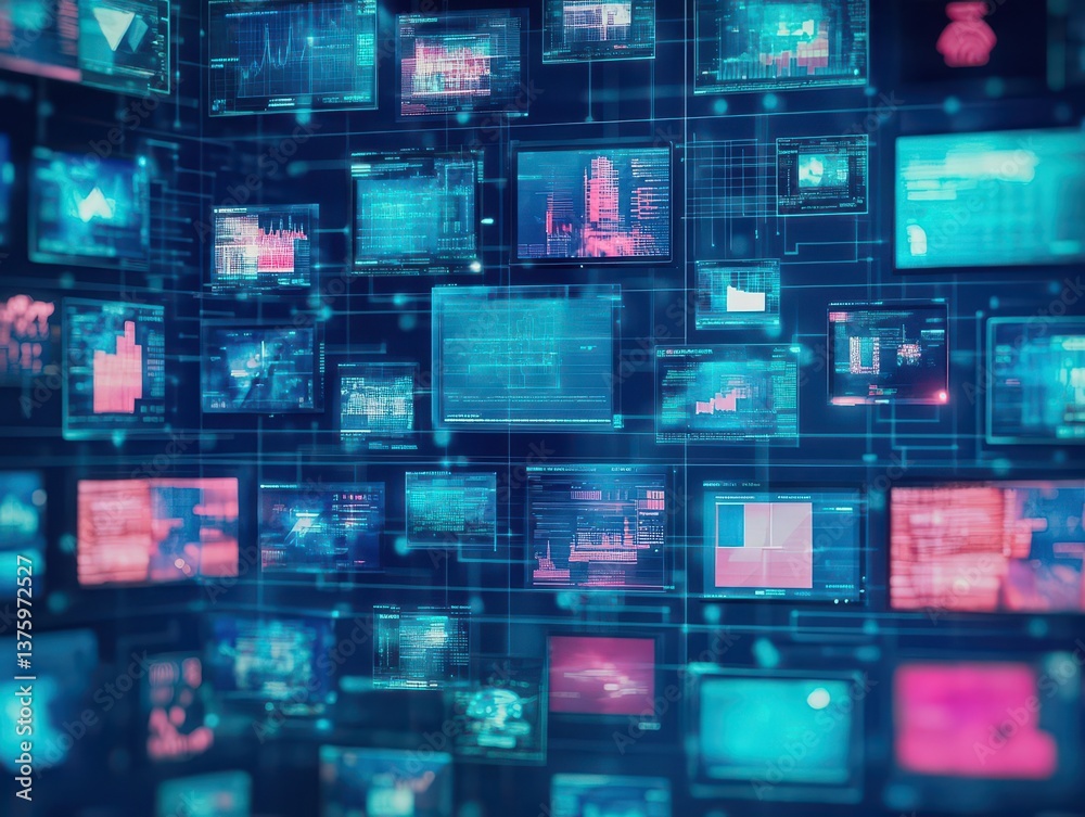 Poster A wall of television screens displaying various content in a modern setting with colorful visuals and technology