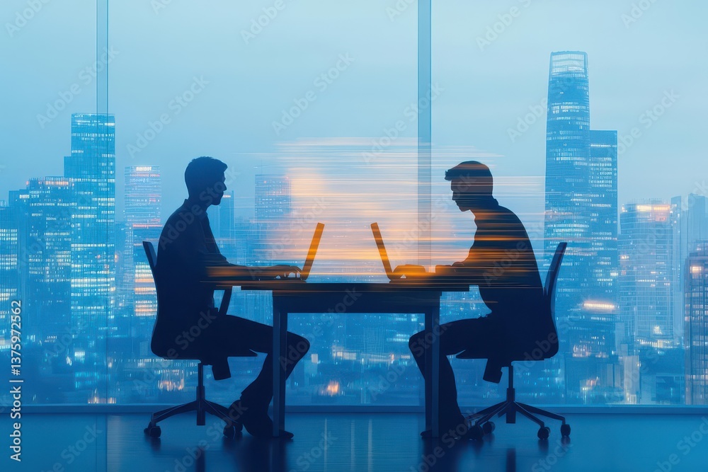 Poster two people sitting at a table with a stunning cityscape view in the background during a bright dayti