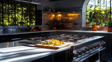 A sunlit, professional commercial kitchen boasts a deep stainless steel range and island showcasing freshly prepared food on a wooden cutting board, emphasizing culinary excellence