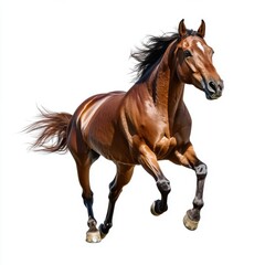 Obraz premium A beautiful brown horse galloping with its mane flowing freely on a stark white background isolated shot