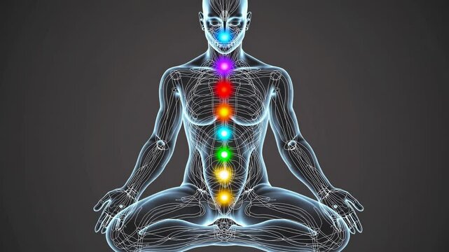 Human silhouette in lotus pose with illuminated chakras, spiritual meditation energy concept