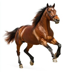 Obraz premium A brown horse with black mane and tail galloping on a white background in a dynamic pose with bridle on