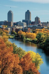 Obraz premium The skyline of Rochester, Minnesota, features a mix of contemporary buildings and scenic landscapes.