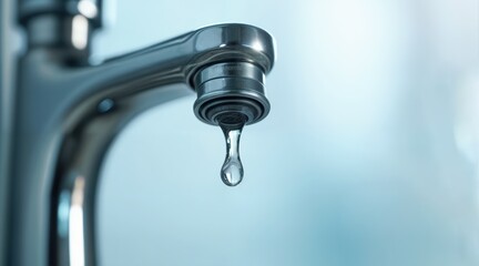 Close-up of water droplet forming on chrome faucet, highly detailed stainless steel design, blurred blue-white background, soft lighting, realistic textures, clean and minimalistic aesthetic.