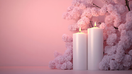 Aromatic candles glowing softly beside delicate pink blossoms create serene and calming atmosphere