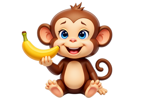 Cartoon Monkey with Banana, Transparent Background. Cute, happy.