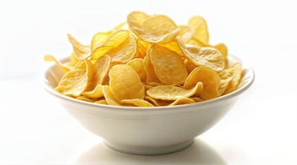 Crispy potato chips in a white bowl, high-angle close-up, golden brown texture, pure white background, clean and simple food presentation, crunchy snack, isolated product shot.