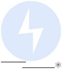 Bold lightning bolt in blue circle symbolizing energy, electricity, and power. Small atom illustration adds a scientific nuance. Ideal for energy, power, electricity, science, technology innovation