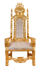 Golden throne with lion figures standing on white background