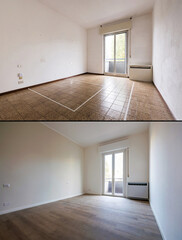 Empty bedroom renovation showing before and after refurbishment