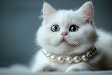 Fototapeta premium A luxury white cat adorned with a pearl necklace, showcasing elegance and charm. Perfect for themes of beauty and pets.