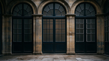 Obraz premium Historic Stone Façade with Three Symmetrical Arched Doorways.