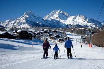 A family skiing together, showcasing the bond and joy they share as they navigate the snowy slopes against a stunning mountain backdrop, emphasizing moments of affection and fun.
