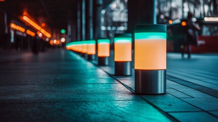 Colorful LED lights illuminate a city street at night, creating a vibrant urban atmosphere