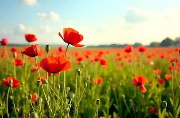 Poppy field against blue sky, cloudy day, springtime