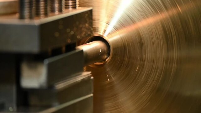 Slow motion scene the boring tool cutting the hole on the brass material parts.