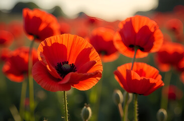 Obraz premium Beautiful red poppy close-up against a poppy field as a symbol of Memorial Day in the USA