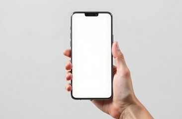 Phone with white blank screen with free space for text in hand on light gray background. Suitable for advertising, logo, advertising content, business, promotions, discounts, marketing, announcement